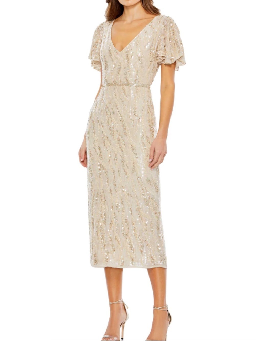 Mac Duggal embellished flutter sleeve tea-length dress oyster sequin midi 4 new